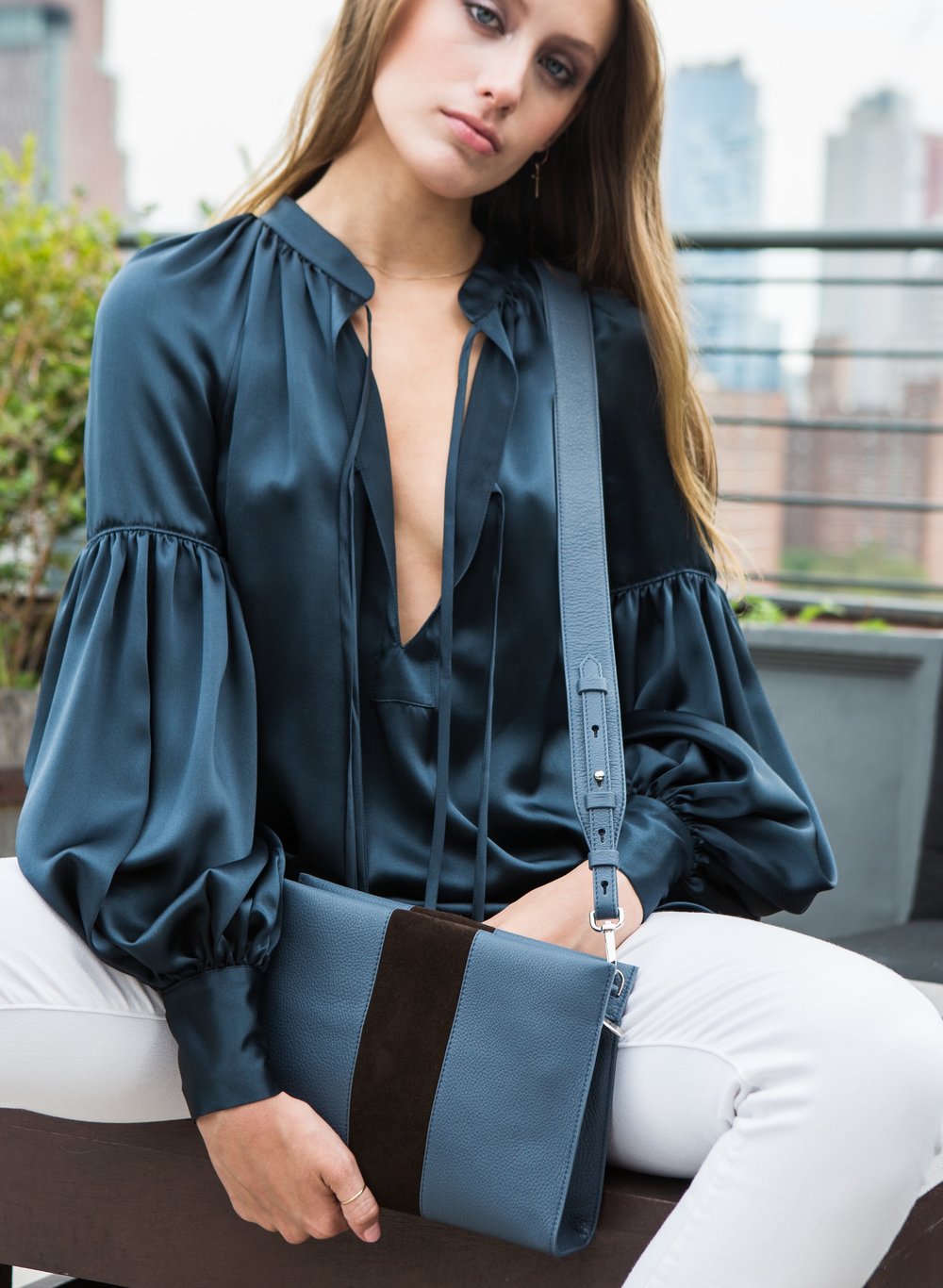 St Tropez Pouchette - Blue w Brown Suede - Canvas & Hyde NYC